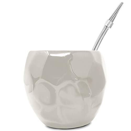 Novomates Yerba Kit Mate Argentino - Vaso para Mate y Bombilla - Kit Mate Cerámica Doble Pared con Bombilla Mate Argentino - Vaso para Mate Uruguayo - Mate y Bombilla - Blanco, 180 ml