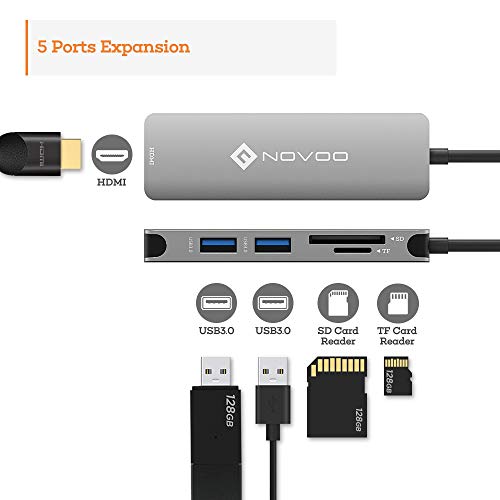 NOVOO Hub USB C Adaptador con HDMI 4K, USB 3.0 x 2 , Lector de Tarjeta SD / TF, Hub Tipo C Macbook Pro, Macbook Air, iPad Pro, Dell XPS, Surface Pro, Gris Espacial