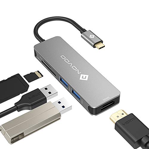 NOVOO Hub USB C Adaptador con HDMI 4K, USB 3.0 x 2 , Lector de Tarjeta SD / TF, Hub Tipo C Macbook Pro, Macbook Air, iPad Pro, Dell XPS, Surface Pro, Gris Espacial