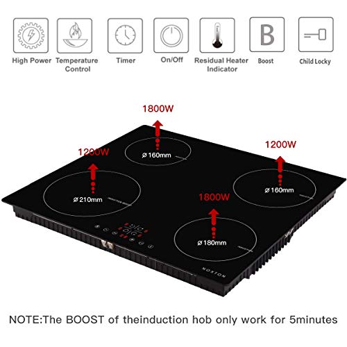 NOXTON 4 fuegos Placas de Inducción Vidrio Negro Cocina eléctrica integrada de Domino con Control táctil del Sensor 60cm