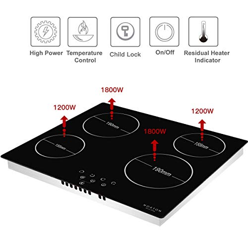 NOXTON Placa Vitrocerámica con 4 Zonas De Cocción Construido en Placas eléctricas de 60 cm Placa Caliente de Cristal Negro Estufa con Sensor de Control táctil Superior [Classe énergétique A +]