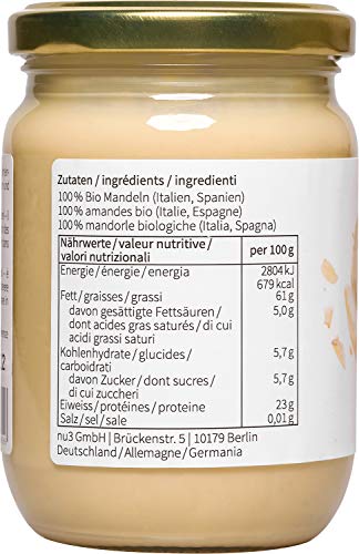 nu3 Crema de almendras - 500g de puré de almendra blanca natural - Nativa de España e Italia - Mantequilla de semillas peladas y molidas - Cultivadas bajo proceso orgánico - 100% sabor natural