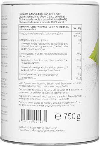 nu3 Xilitol (Cillit) - 750g Azúcar de abedul - Sustituto de azúcar con índice glucémico bajo - 40% menos calorías - Fácil de combinar con alimentos - Ideal para cocinar, hornear y preparar postres