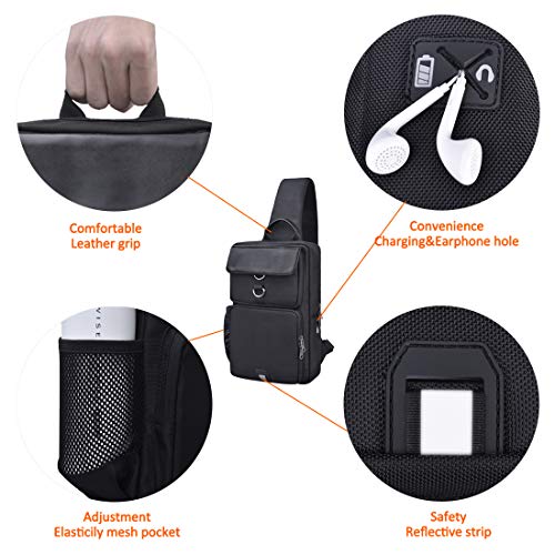 NUBILY Bolso Bandolera Impermeable Bolsos Mochila con USB y Orificio para Auriculares para Hombre y Mujere Negro Bolso Pecho Deportes Trabajo Casual Viajes Senderismo