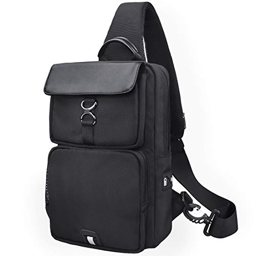 NUBILY Bolso Bandolera Impermeable Bolsos Mochila con USB y Orificio para Auriculares para Hombre y Mujere Negro Bolso Pecho Deportes Trabajo Casual Viajes Senderismo