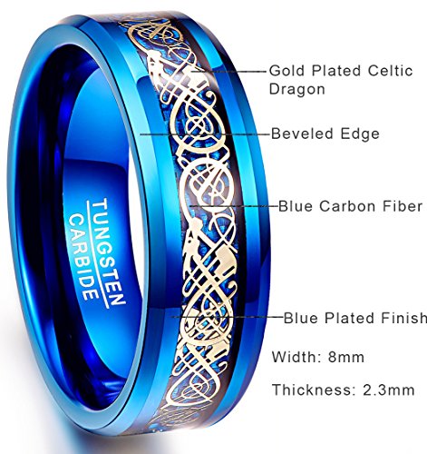 NUNCAD Anillo Hombre Mujer Parejas de Tungsteno Azul con Dragón Celta y Fibras de Carbono 8mm para Boda Aniversario Día de San Valentín y Vida CotidianaTalla 23 (Diámetro Interior 20.1,0mm)