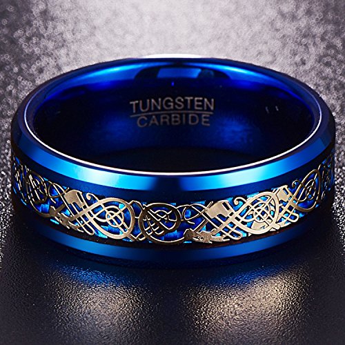 NUNCAD Anillo Hombre Mujer Parejas de Tungsteno Azul con Dragón Celta y Fibras de Carbono 8mm para Boda Aniversario Día de San Valentín y Vida CotidianaTalla 23 (Diámetro Interior 20.1,0mm)