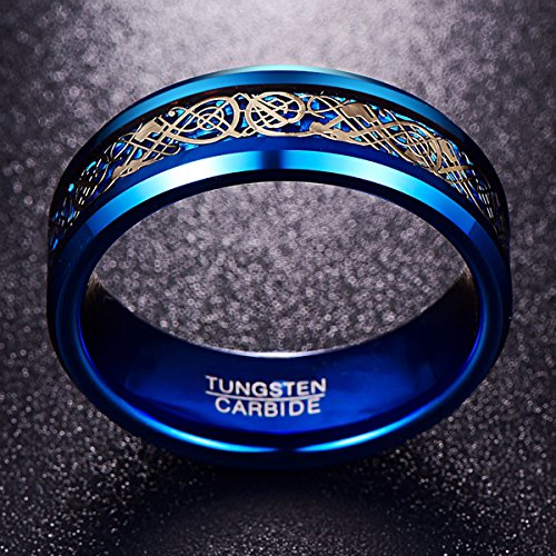 NUNCAD Anillo Hombre Mujer Parejas de Tungsteno Azul con Dragón Celta y Fibras de Carbono 8mm para Boda Aniversario Día de San Valentín y Vida CotidianaTalla 23 (Diámetro Interior 20.1,0mm)