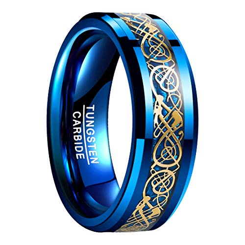 NUNCAD Anillo Hombre Mujer Parejas de Tungsteno Azul con Dragón Celta y Fibras de Carbono 8mm para Boda Aniversario Día de San Valentín y Vida CotidianaTalla 23 (Diámetro Interior 20.1,0mm)