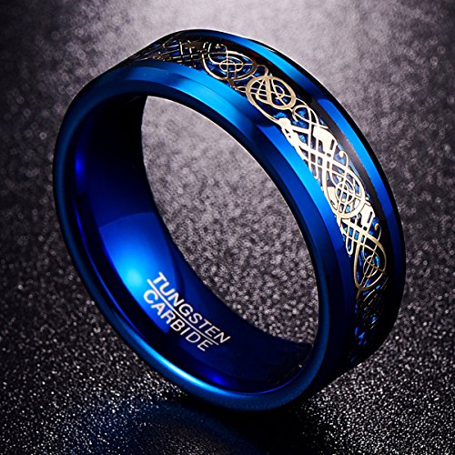 NUNCAD Anillo Hombre Mujer Parejas de Tungsteno Azul con Dragón Celta y Fibras de Carbono 8mm para Boda Aniversario Día de San Valentín y Vida CotidianaTalla 23 (Diámetro Interior 20.1,0mm)