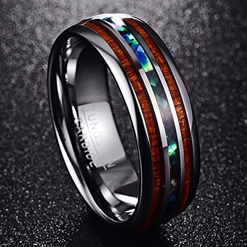 NUNCAD Anillo Hombre/Mujer con Shell + Madera/Ópalo de Tungsteno Unisex Ring para Recuerdos/Aniversario/Regalo 8mm Plata + Azul + Marrón Tamaño (10-36)