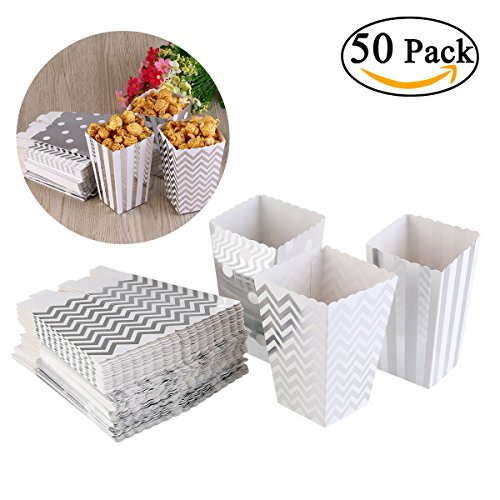 NUOLUX 50pcs Cajas de Palomitas de maíz Amarillo diseño Trio Mini Scalloped Bordado de cartón Partido Caramelo contenedor envases Cajas (Plata)