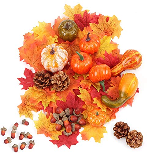 Nuoshen - Juego de 50 mini calabazas artificiales y calabazas de arce con hojas de pino y bellotas para decoración de mesa de otoño para Acción de Gracias, boda, decoración de mesa