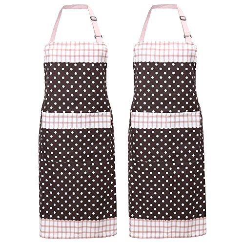 Nuovoware Delantales de Cocinero - [ 2 PZS ] Unisexo Chef Restaurante Kitchen Apron Con Adjustable Correa Del Cuello & Bolsillo, Cocinar, Hornear & Domésticos/Lavable A Máquina, Café & Puntos Blancos