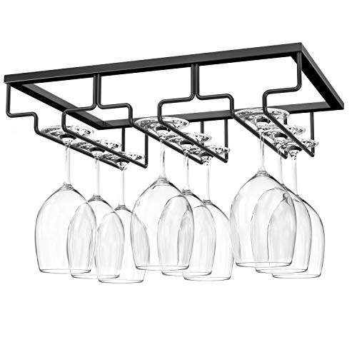 Nuovoware Soporte para Copas de Vino, Soporte para Colgar Copas de Vino Debajo del Gabinete para Cocina, Bar, Pub, Vidrio, Dorado, Almacenamiento para Barra de Gabinete de Cocina (3 Filas) - Negro