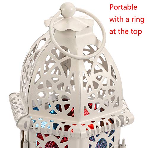 Nuptio Linterna De Vela Estilo Marroquí De 2 Piezas - Portavelas De Tealight De Tamaño Pequeño con Paneles De Vidrio Coloful Ideal para Patios, Interiores Exteriores, Eventos, Fiestas Y Bodas, Blanco