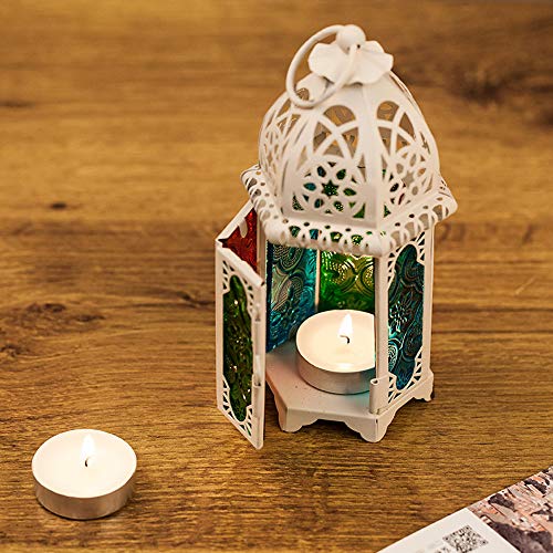 Nuptio Linterna De Vela Estilo Marroquí De 2 Piezas - Portavelas De Tealight De Tamaño Pequeño con Paneles De Vidrio Coloful Ideal para Patios, Interiores Exteriores, Eventos, Fiestas Y Bodas, Blanco