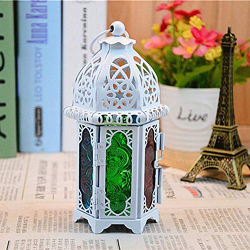 Nuptio Linterna De Vela Estilo Marroquí De 2 Piezas - Portavelas De Tealight De Tamaño Pequeño con Paneles De Vidrio Coloful Ideal para Patios, Interiores Exteriores, Eventos, Fiestas Y Bodas, Blanco