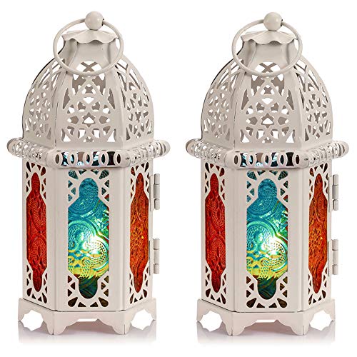 Nuptio Linterna De Vela Estilo Marroquí De 2 Piezas - Portavelas De Tealight De Tamaño Pequeño con Paneles De Vidrio Coloful Ideal para Patios, Interiores Exteriores, Eventos, Fiestas Y Bodas, Blanco