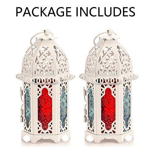 Nuptio Linterna De Vela Estilo Marroquí De 2 Piezas - Portavelas De Tealight De Tamaño Pequeño con Paneles De Vidrio Coloful Ideal para Patios, Interiores Exteriores, Eventos, Fiestas Y Bodas, Blanco