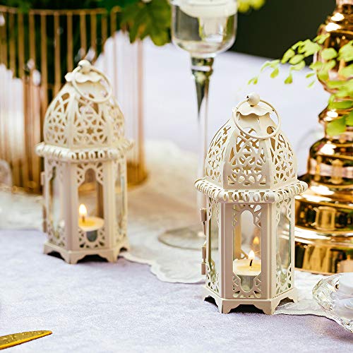 Nuptio Linterna Vela Estilo Marroquí de 2 Piezas, Portavelas Tealight de Tamaño Pequeño con Paneles de Vidrio Transparente Ideal para Patios, Interiores Exteriores, Eventos, Fiestas y Bodas, Blanco