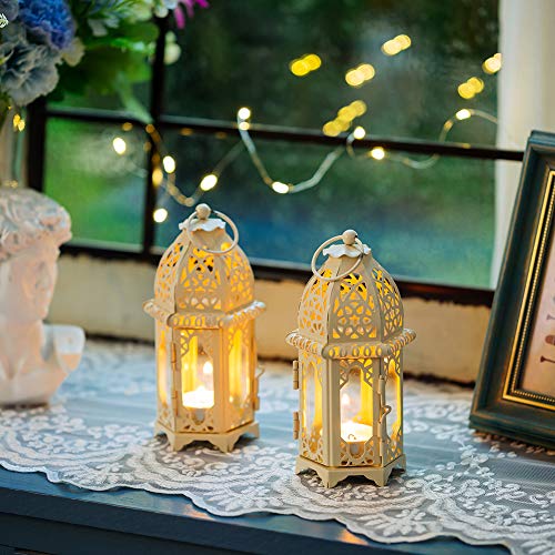 Nuptio Linterna Vela Estilo Marroquí de 2 Piezas, Portavelas Tealight de Tamaño Pequeño con Paneles de Vidrio Transparente Ideal para Patios, Interiores Exteriores, Eventos, Fiestas y Bodas, Blanco