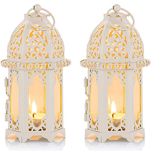 Nuptio Linterna Vela Estilo Marroquí de 2 Piezas, Portavelas Tealight de Tamaño Pequeño con Paneles de Vidrio Transparente Ideal para Patios, Interiores Exteriores, Eventos, Fiestas y Bodas, Blanco