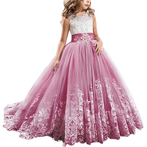 OBEEII Vestidos de Comunion Niña Encaje de Tul Sin Manga Vestidos Niñas Fiesta Princesa Cumpleaños Cóctel Ceremonia Boda Prom Carnaval Rosa Claro 4-5 Años