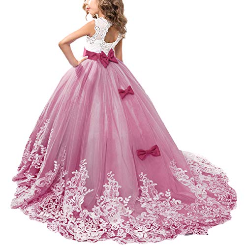 OBEEII Vestidos de Comunion Niña Encaje de Tul Sin Manga Vestidos Niñas Fiesta Princesa Cumpleaños Cóctel Ceremonia Boda Prom Carnaval Rosa Claro 4-5 Años