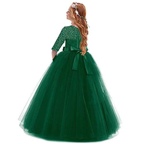 OBEEII Vestidos De Princesa Fiesta de la Boda de Las Niñas para Bordado Graduación Comunión Cumpleaños Paseo Baile Cóctel Vestido de Novia Verde Oscuro 13-14 Años