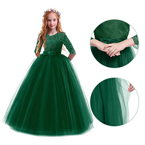 OBEEII Vestidos De Princesa Fiesta de la Boda de Las Niñas para Bordado Graduación Comunión Cumpleaños Paseo Baile Cóctel Vestido de Novia Verde Oscuro 13-14 Años