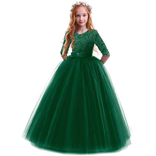 OBEEII Vestidos De Princesa Fiesta de la Boda de Las Niñas para Bordado Graduación Comunión Cumpleaños Paseo Baile Cóctel Vestido de Novia Verde Oscuro 13-14 Años