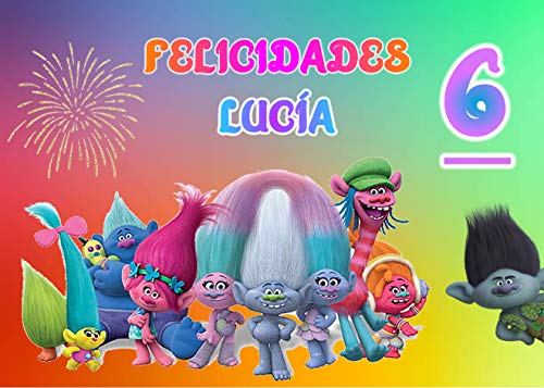 OBLEA de Trolls Personalizada con Nombre y Edad para Pastel o Tarta, Especial para cumpleaños, Medida Rectangular de 28x20cm