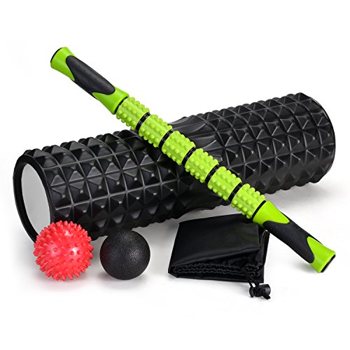 Odoland Foam Roller Kit con Rejilla de Liberación Miofascial, 5-en-1 Kit de Rodillo Masaje Muscular con Rodillos de Espuma, Roller Stick, Bolas Masaje y Spiky Ball