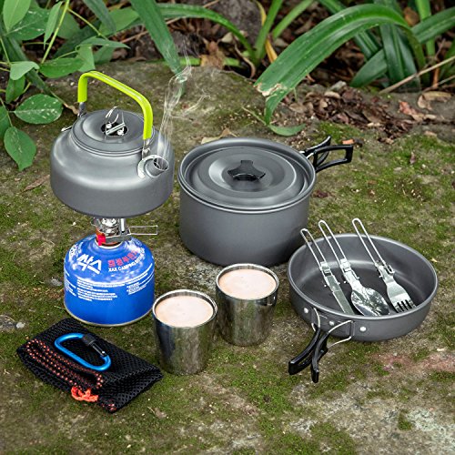 Odoland Kit de Utensilios Cocina Camping con Ollas y Sartén de Aluminio Hervidor Tazas Cubiertos Plegable para Acampada, Cacerolas de Acampada de Camping y Viaje