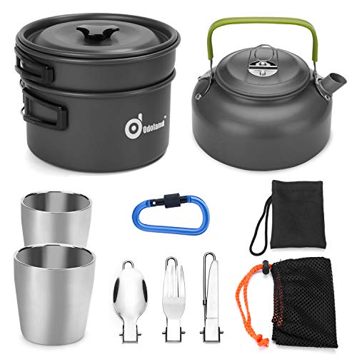 Odoland Kit de Utensilios Cocina Camping con Ollas y Sartén de Aluminio Hervidor Tazas Cubiertos Plegable para Acampada, Cacerolas de Acampada de Camping y Viaje