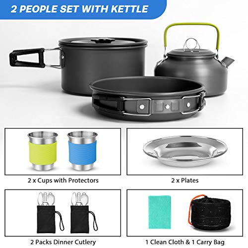 Odoland Kit de Utensilios de Cocina para Acampar de 15 Piezas para 1-2 Personas, Set de Ollas de Camping Antiadherentes con Tazas de Acero Inoxidable Platos Tenedores Cuchillos Cucharas