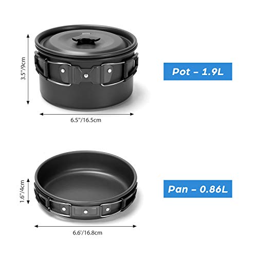 Odoland Kit de Utensilios de Cocina para Acampar de 15 Piezas para 1-2 Personas, Set de Ollas de Camping Antiadherentes con Tazas de Acero Inoxidable Platos Tenedores Cuchillos Cucharas