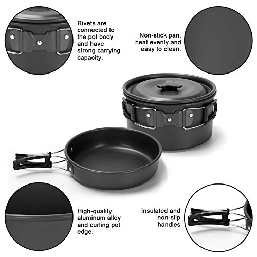 Odoland Kit de Utensilios de Cocina para Acampar de 15 Piezas para 1-2 Personas, Set de Ollas de Camping Antiadherentes con Tazas de Acero Inoxidable Platos Tenedores Cuchillos Cucharas