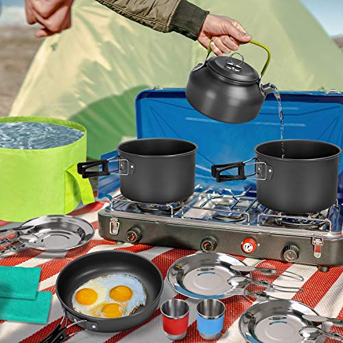 Odoland Kit de Utensilios de Cocina para Camping 29 pzas, Ollas y Sartenes Antiadherente de Camping con Contenedor de Agua y Cubo Plegable, Hervidor, Cubiertos Plegable, Copas, Platos para Acampada