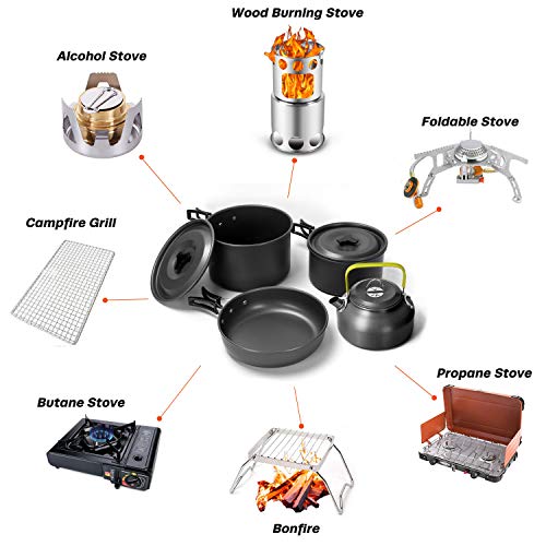 Odoland Kit de Utensilios de Cocina para Camping 29 pzas, Ollas y Sartenes Antiadherente de Camping con Contenedor de Agua y Cubo Plegable, Hervidor, Cubiertos Plegable, Copas, Platos para Acampada