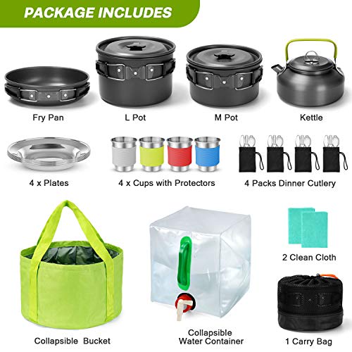 Odoland Kit de Utensilios de Cocina para Camping 29 pzas, Ollas y Sartenes Antiadherente de Camping con Contenedor de Agua y Cubo Plegable, Hervidor, Cubiertos Plegable, Copas, Platos para Acampada