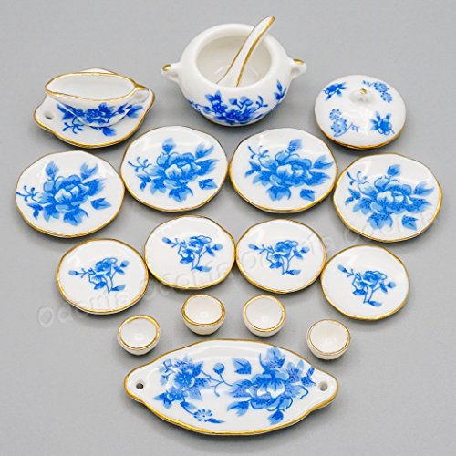 Odoria 1/12 Miniatura 17PZ Vajilla Porcelana con Flor Azul Cocina Accesorio para Casa de Muñecas