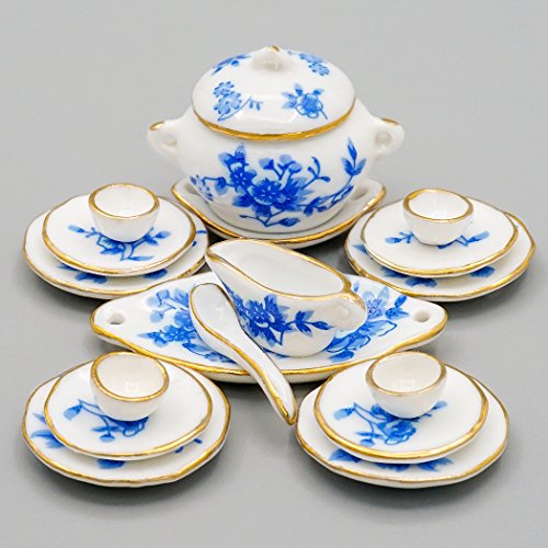 Odoria 1/12 Miniatura 17PZ Vajilla Porcelana con Flor Azul Cocina Accesorio para Casa de Muñecas