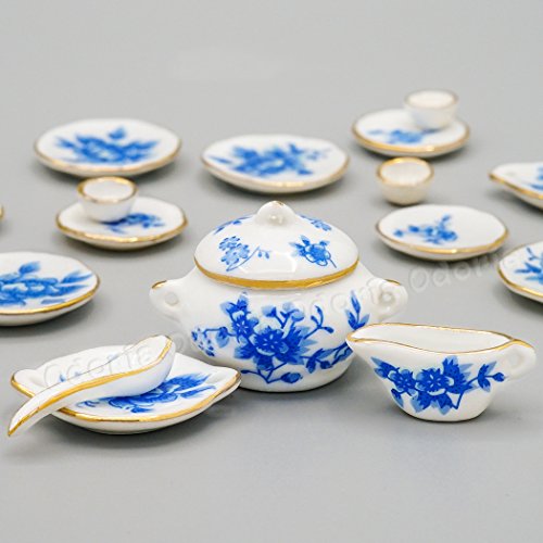 Odoria 1/12 Miniatura 17PZ Vajilla Porcelana con Flor Azul Cocina Accesorio para Casa de Muñecas