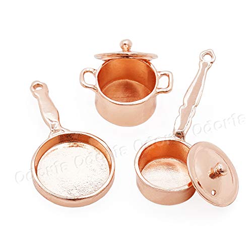 Odoria 1/12 Miniatura 3PZ Batería de Cocina Cobre Cazo Sartén y Cacerola Cocina Accesorio para Casa de Muñecas