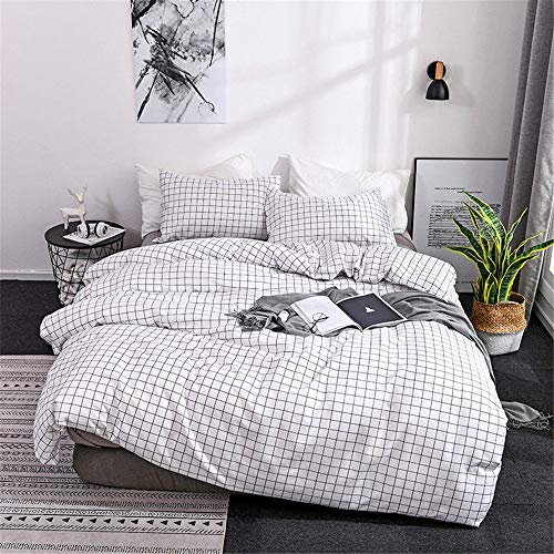 Odot Juego De Ropa De Cama con Funda De Edredón, Anti-Ácaro Microfibra Cremallera Funda Nórdica Funda De Almohada, Rayas Geométricas De Celosía (Cuadros Blancos,Cama 135/140cm 180x210cm)