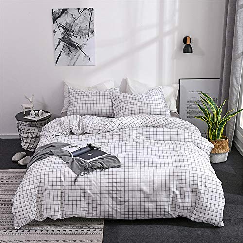 Odot Juego De Ropa De Cama con Funda De Edredón, Anti-Ácaro Microfibra Cremallera Funda Nórdica Funda De Almohada, Rayas Geométricas De Celosía (Cuadros Blancos,Cama 135/140cm 180x210cm)