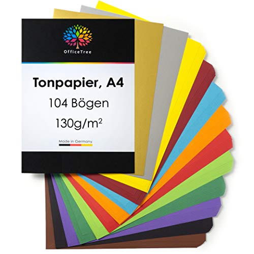 OfficeTree 104 Papel Colores A4 130g/m² - Folios de Colores A4 para Hacer Manualidades Diseñar - 10 Tonos de Color y Lazos de Oro y Plata