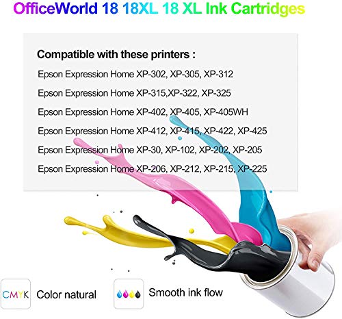 OfficeWorld 18XL Alta Capacidad Cartuchos de Tinta Compatible para Epson 18 con Epson Expression Home XP-225 XP-215 XP-205 XP-322 XP-212 XP-402 XP-415 XP-422 XP-425 XP-302 XP-305 XP-325,9 Paquete